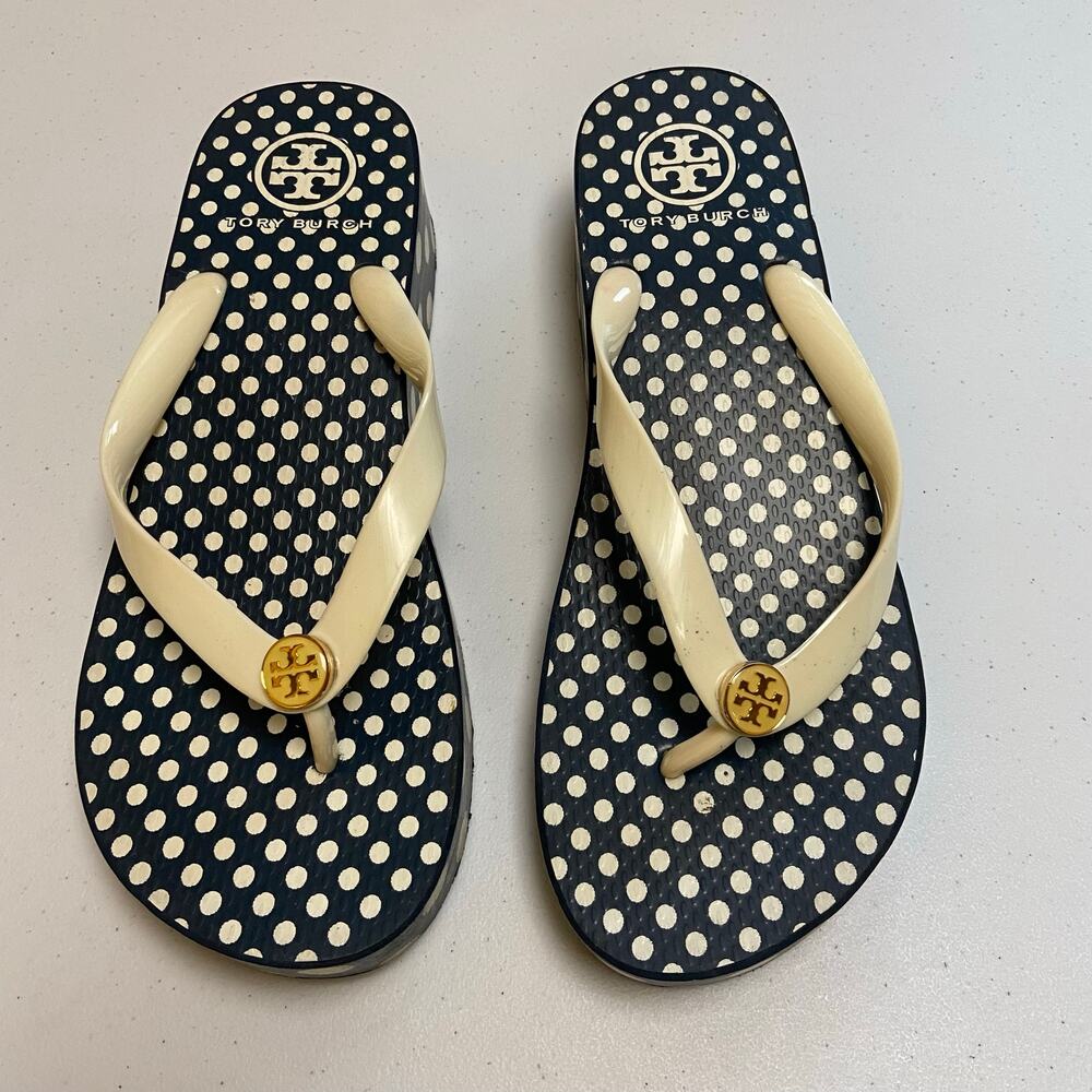 Tory Burch Cream & Navy Blue Polka Dot Preppy Wedge Flip Flop Sandals Size 9